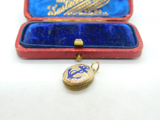 Victorian 9ct Gold Back & Front Blue Enamel Anchor Of Hope Mourning Locket c1880