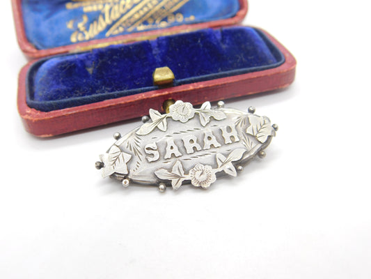 Sterling Silver Sarah Name Christening Brooch Antique 1913 Birmingham