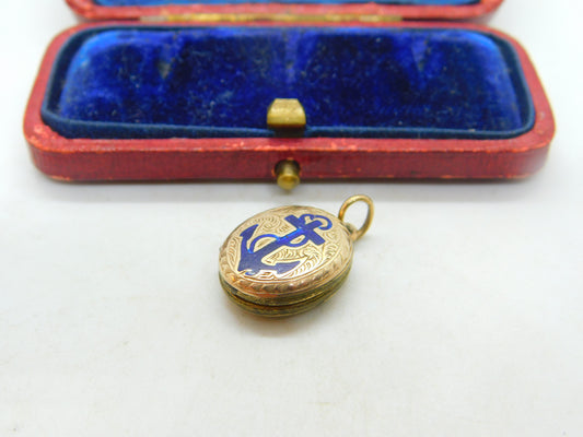 Victorian 9ct Gold Back & Front Blue Enamel Anchor Of Hope Mourning Locket c1880