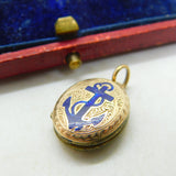 Victorian 9ct Gold Back & Front Blue Enamel Anchor Of Hope Mourning Locket c1880
