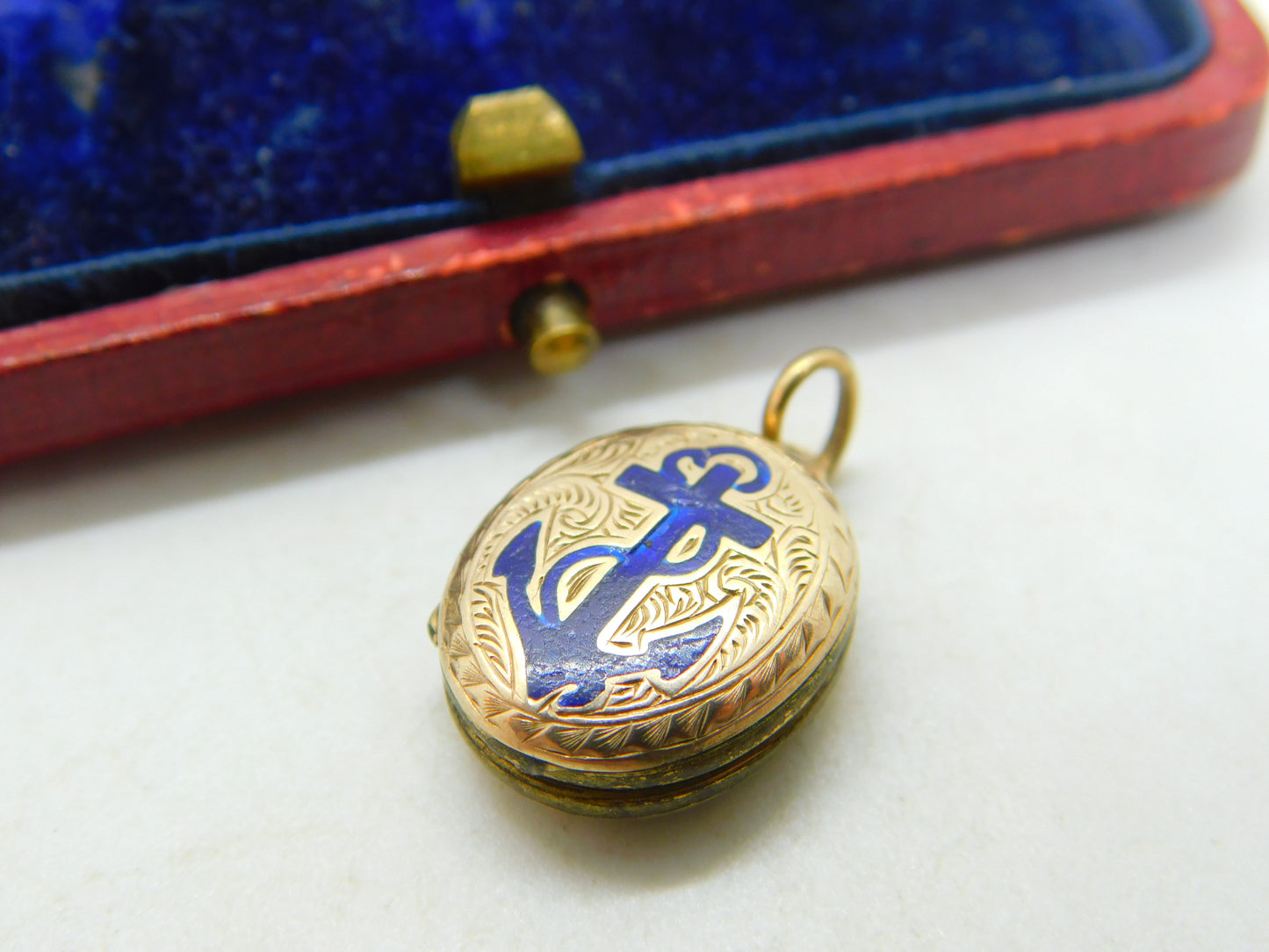 Victorian 9ct Gold Back & Front Blue Enamel Anchor Of Hope Mourning Locket c1880