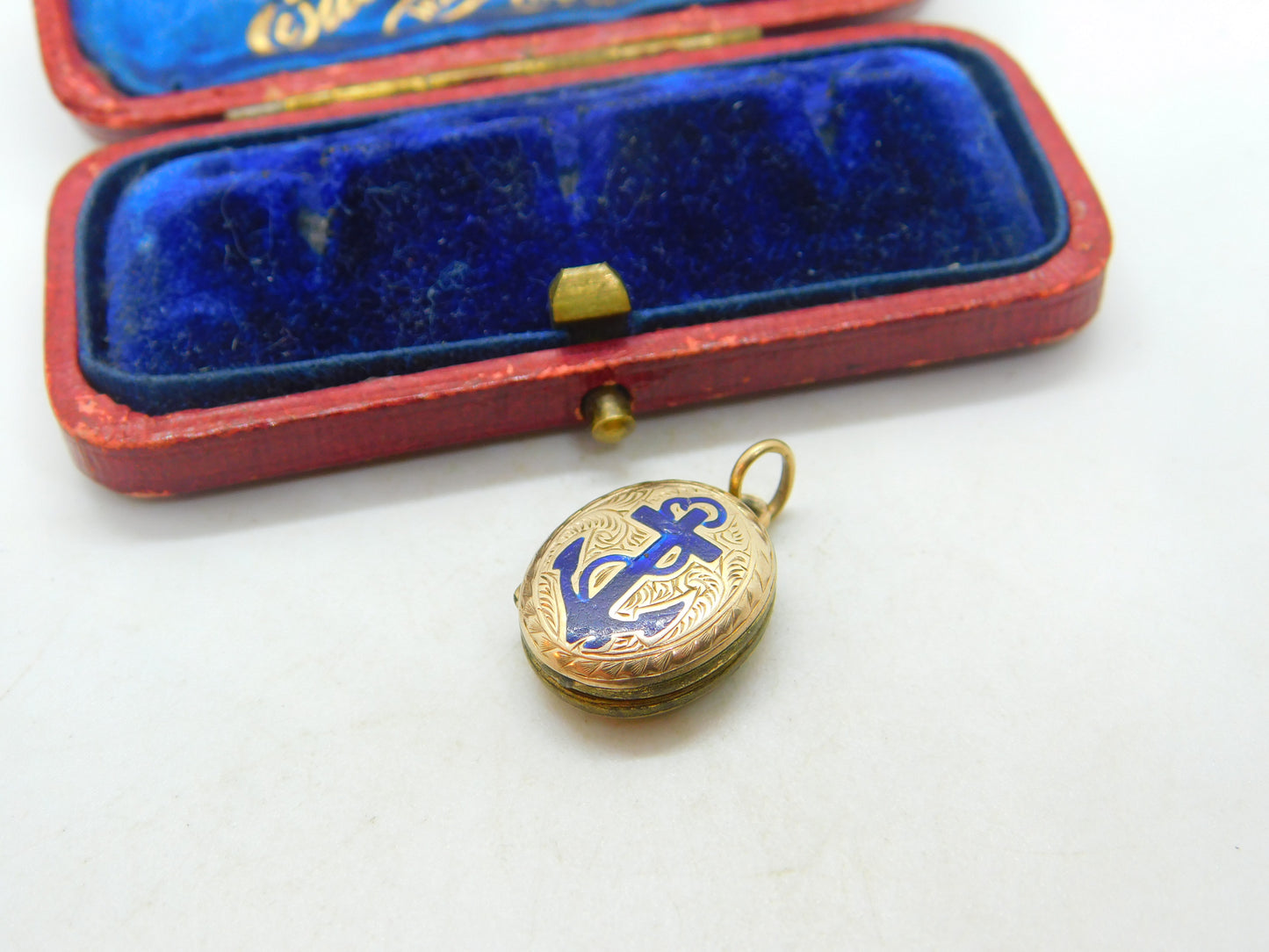 Victorian 9ct Gold Back & Front Blue Enamel Anchor Of Hope Mourning Locket c1880