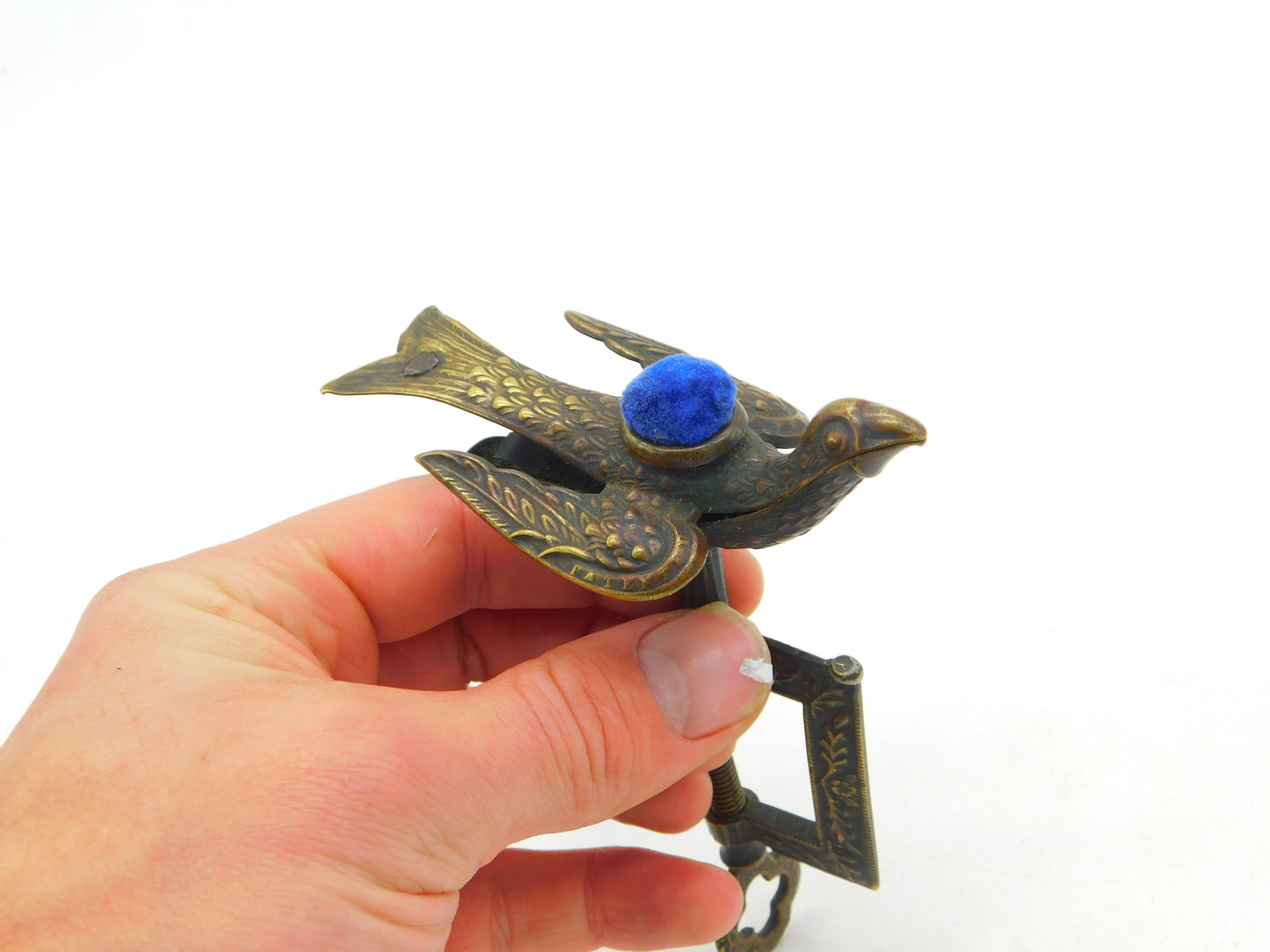 Victorian French Brass Flying Dove Bird Pin Cushion Clasp Antique c1860