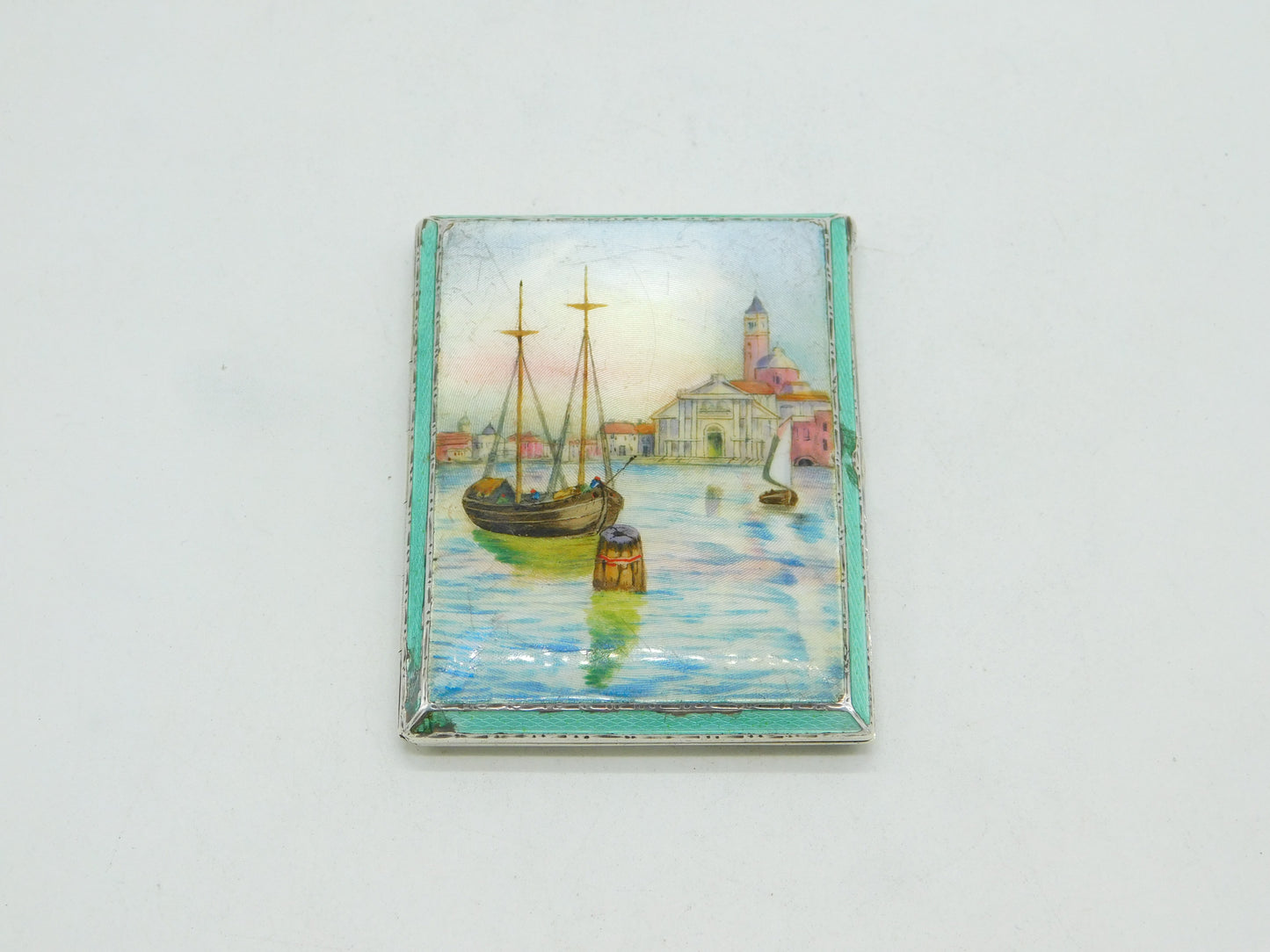 Sterling Silver Guilloche Enamel Venice Scene Cigarette Case 1931 Antique Deco