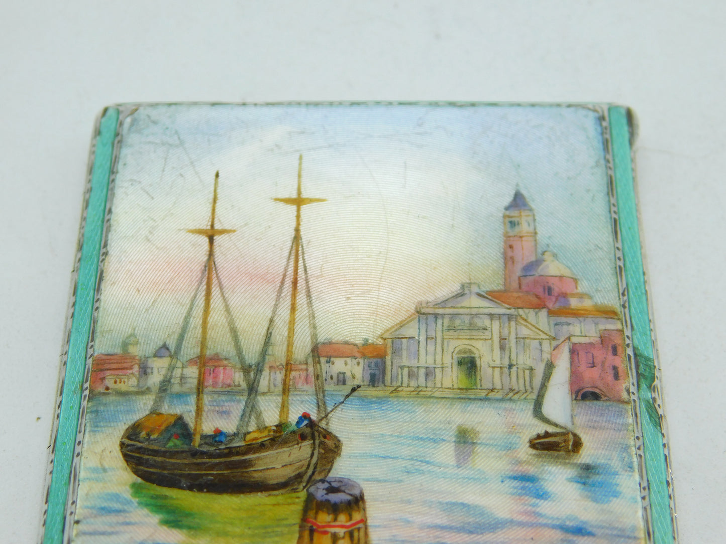 Sterling Silver Guilloche Enamel Venice Scene Cigarette Case 1931 Antique Deco