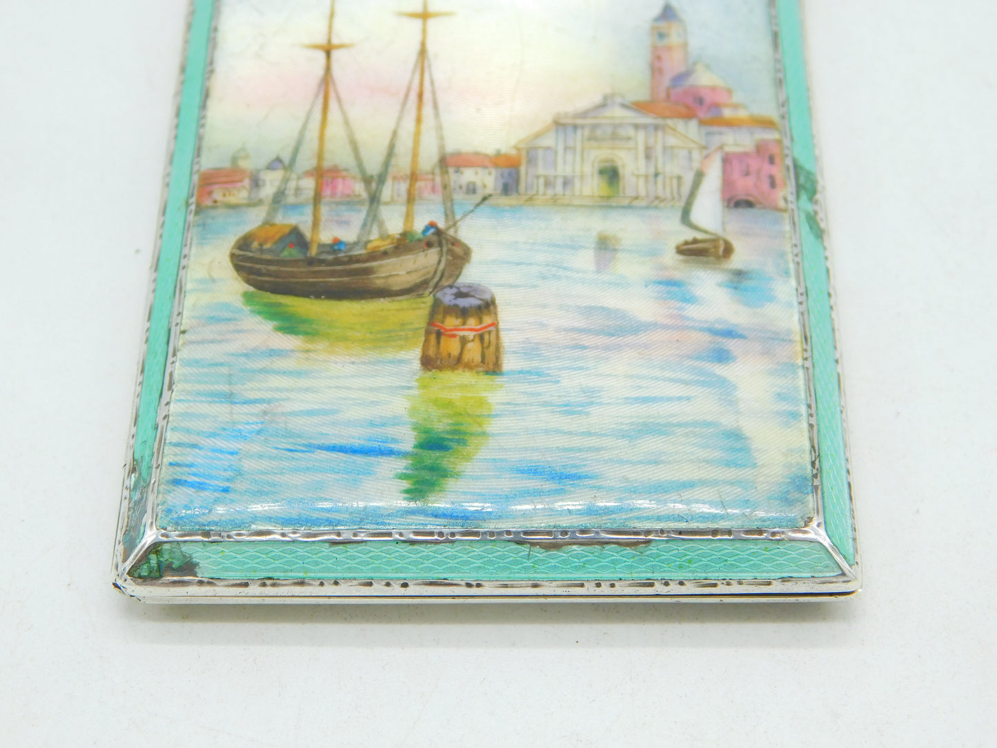 Sterling Silver Guilloche Enamel Venice Scene Cigarette Case 1931 Antique Deco