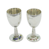 Pair of Sterling Silver Guilloche Enamel Floral Wine Goblets Vintage 1969 Birmingham