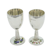 Pair of Sterling Silver Guilloche Enamel Floral Wine Goblets Vintage 1969 Birmingham