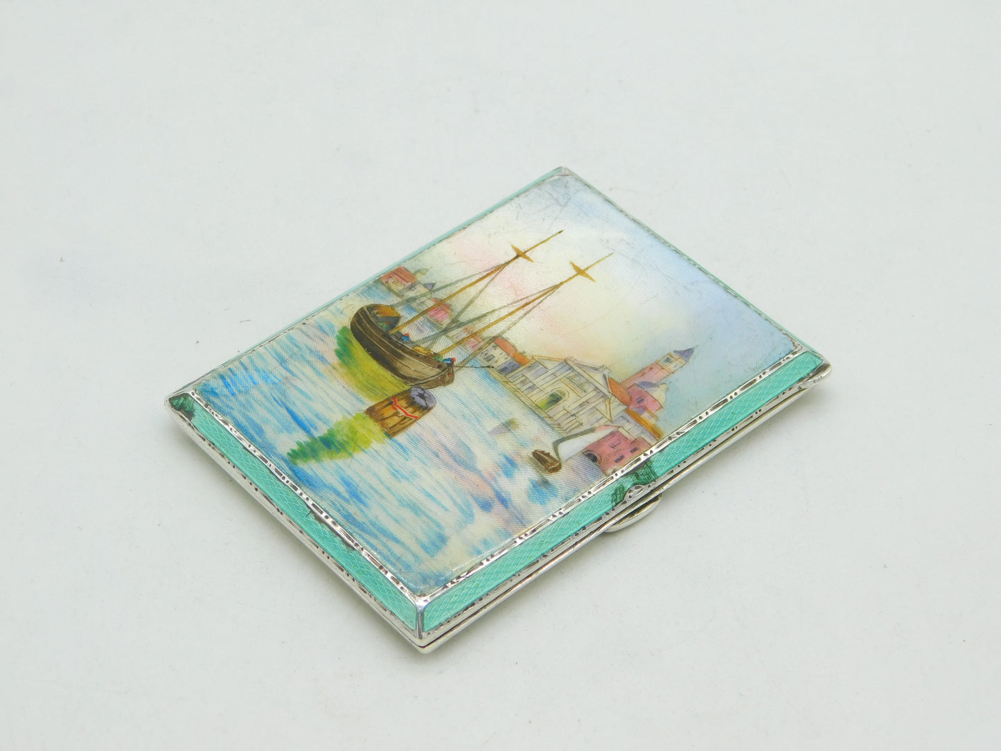 Sterling Silver Guilloche Enamel Venice Scene Cigarette Case 1931 Antique Deco