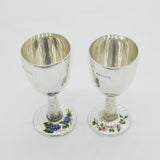 Pair of Sterling Silver Guilloche Enamel Floral Wine Goblets Vintage 1969 Birmingham