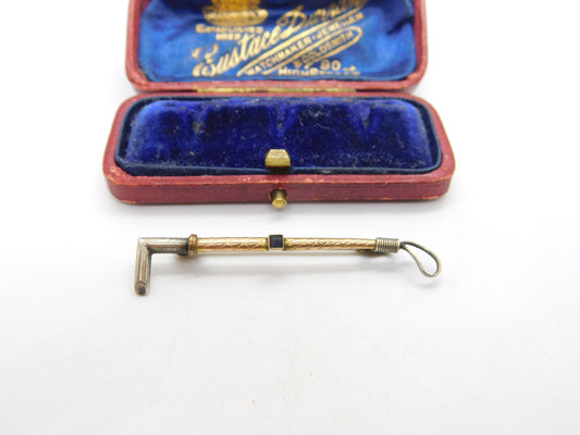 9ct Gold & Sterling Silver Hunting Riding Crop Brooch with Sapphire c1920