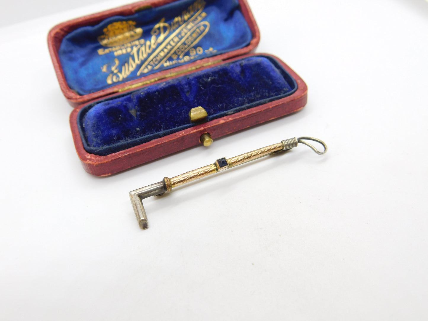 9ct Gold & Sterling Silver Hunting Riding Crop Brooch with Sapphire c1920