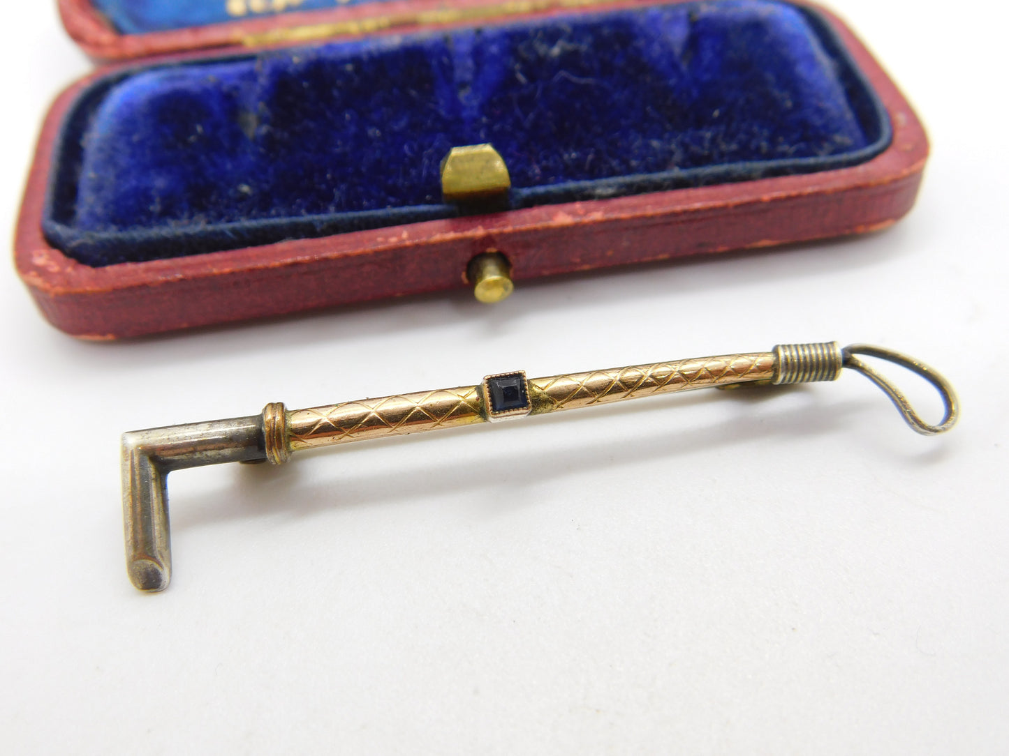 9ct Gold & Sterling Silver Hunting Riding Crop Brooch with Sapphire c1920