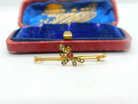 Edwardian 9ct Yellow Gold, Seed Pearl & Garnet Dragonfly Brooch Antique c1910