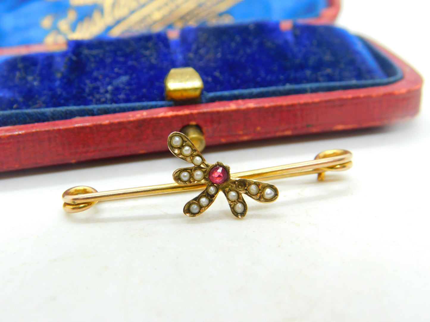 Edwardian 9ct Yellow Gold, Seed Pearl & Garnet Dragonfly Brooch Antique c1910