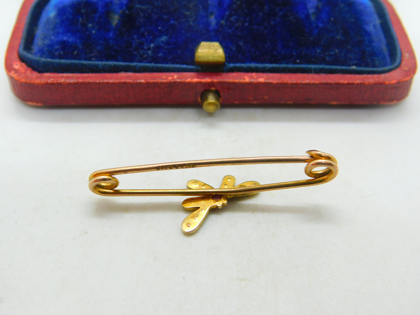 Edwardian 9ct Yellow Gold, Seed Pearl & Garnet Dragonfly Brooch Antique c1910