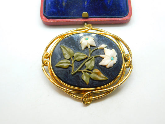 Large Pinchbeck Gold Victorian Pietra Dura Floral Brooch Antique c1860