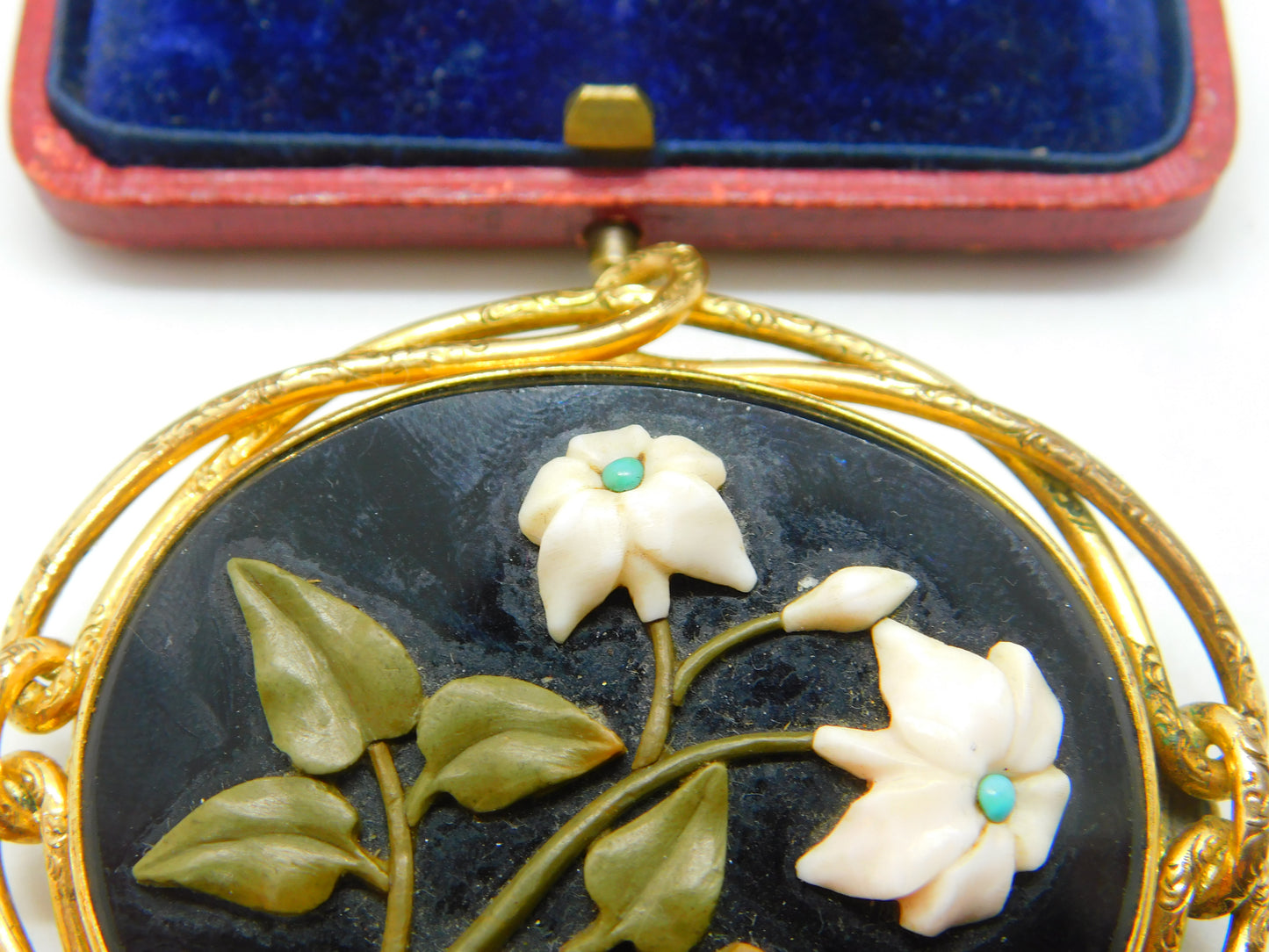 Large Pinchbeck Gold Victorian Pietra Dura Floral Brooch Antique c1860