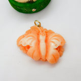 18ct Gold & Carved Pink Coral Butterfly Drop Pendant Antique c1920 Art Deco AF