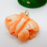 18ct Gold & Carved Pink Coral Butterfly Drop Pendant Antique c1920 Art Deco AF