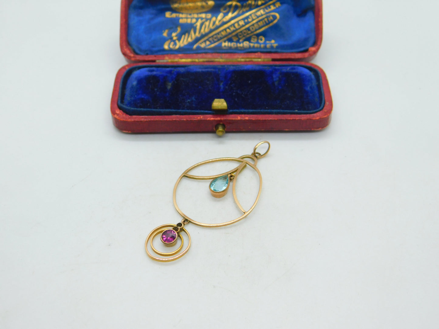 Edwardian 9ct Gold, Topaz & Tourmaline Lavalier Drop Pendant Antique c1910