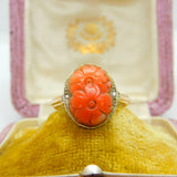 14ct Yellow Gold Floral Carved Coral Ring With Diamond Shoulders Antique c1920