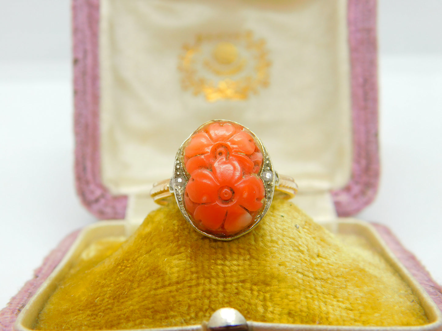 14ct Yellow Gold Floral Carved Coral Ring With Diamond Shoulders Antique c1920