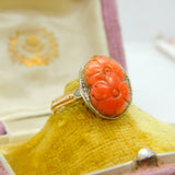 14ct Yellow Gold Floral Carved Coral Ring With Diamond Shoulders Antique c1920