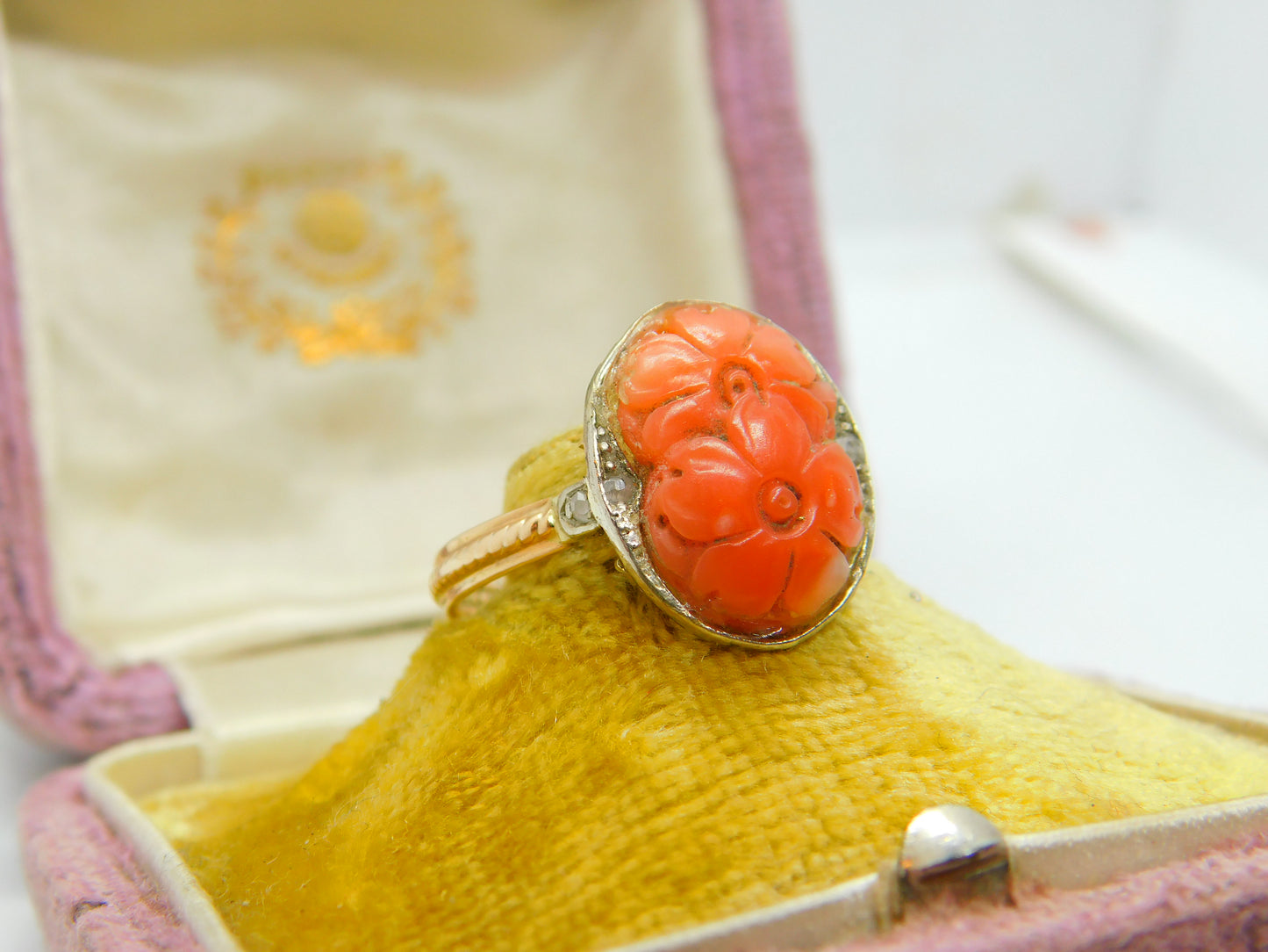 14ct Yellow Gold Floral Carved Coral Ring With Diamond Shoulders Antique c1920