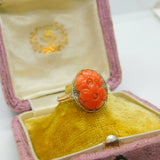 14ct Yellow Gold Floral Carved Coral Ring With Diamond Shoulders Antique c1920