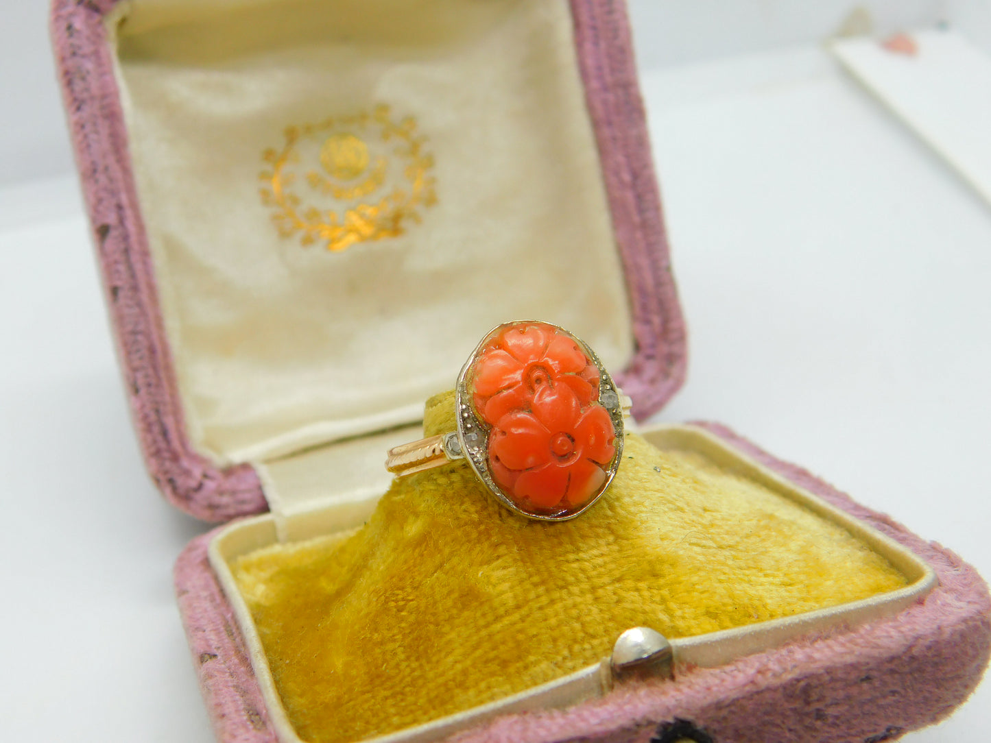 14ct Yellow Gold Floral Carved Coral Ring With Diamond Shoulders Antique c1920