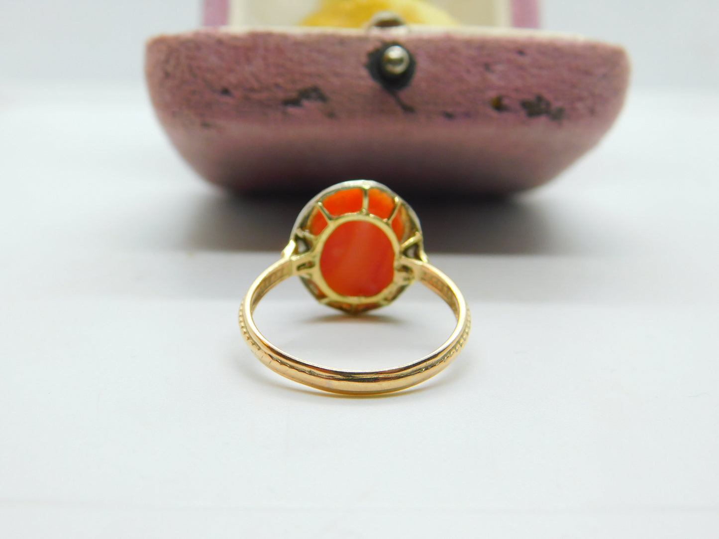 14ct Yellow Gold Floral Carved Coral Ring With Diamond Shoulders Antique c1920