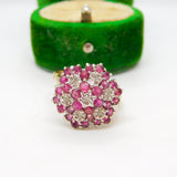 9ct Yellow Gold Natural Ruby & Diamond Floral Cluster Ring Vintage 1970 London