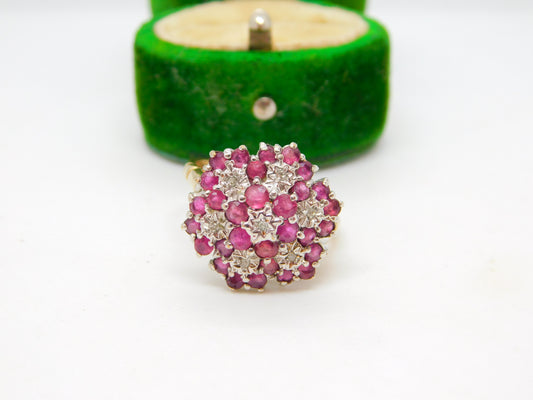 9ct Yellow Gold Natural Ruby & Diamond Floral Cluster Ring Vintage 1970 London