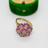 9ct Yellow Gold Natural Ruby & Diamond Floral Cluster Ring Vintage 1970 London