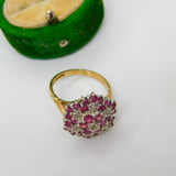 9ct Yellow Gold Natural Ruby & Diamond Floral Cluster Ring Vintage 1970 London
