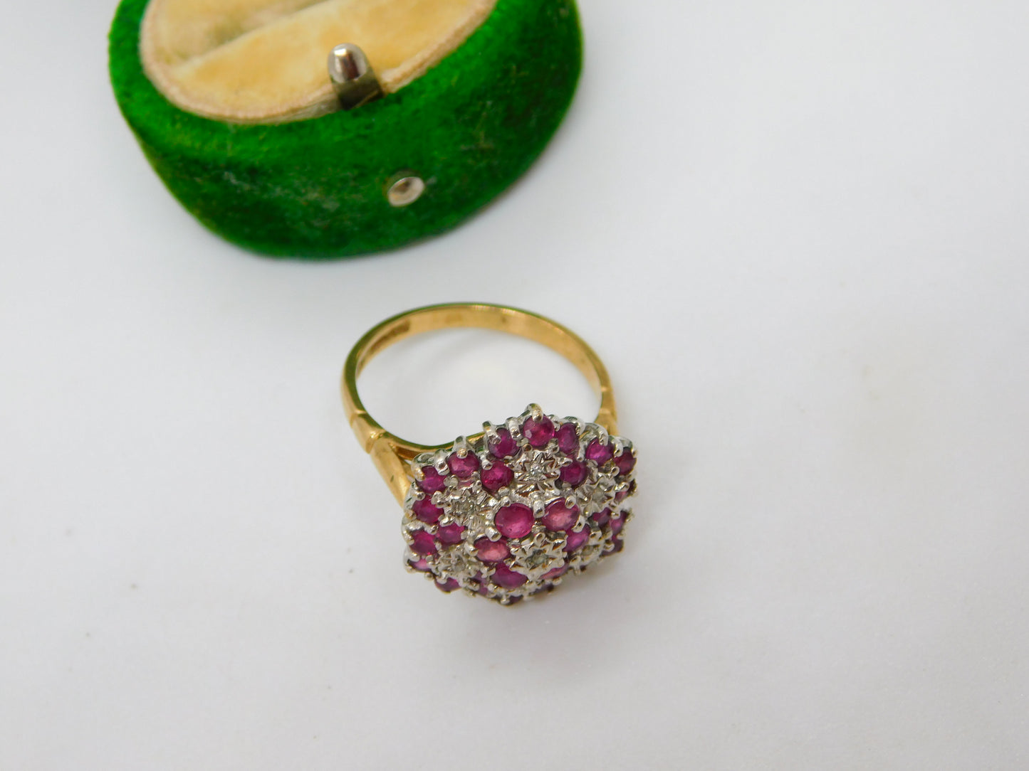 9ct Yellow Gold Natural Ruby & Diamond Floral Cluster Ring Vintage 1970 London