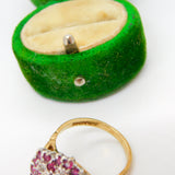 9ct Yellow Gold Natural Ruby & Diamond Floral Cluster Ring Vintage 1970 London