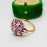 9ct Yellow Gold Natural Ruby & Diamond Floral Cluster Ring Vintage 1970 London