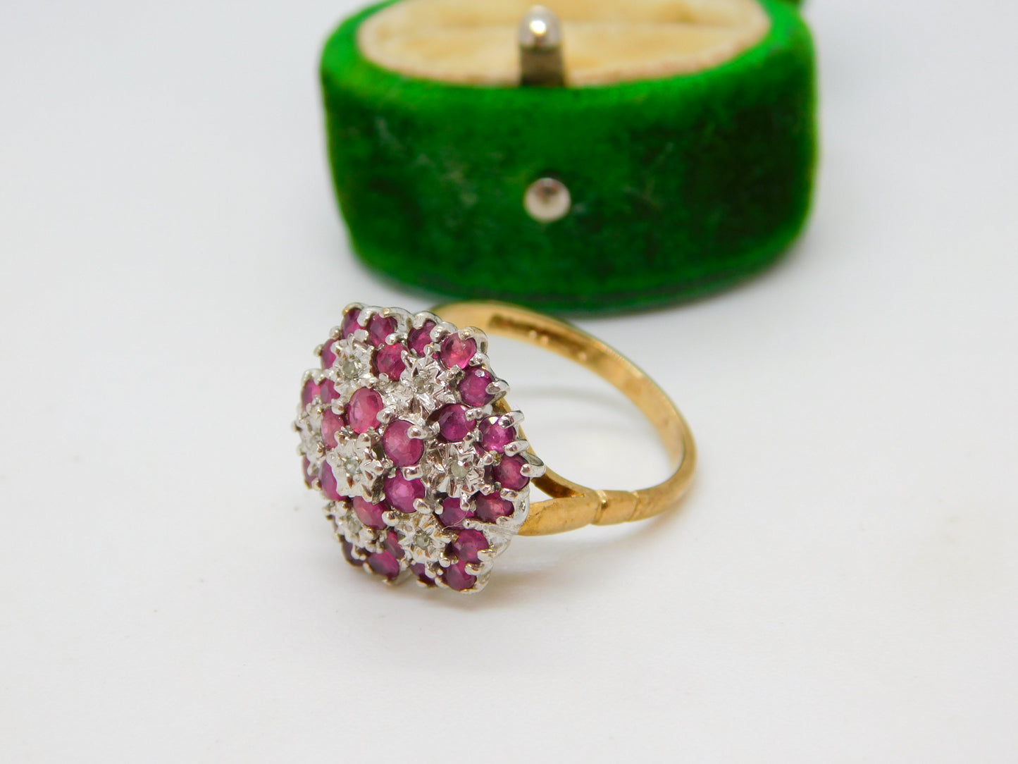 9ct Yellow Gold Natural Ruby & Diamond Floral Cluster Ring Vintage 1970 London