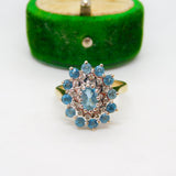 9ct Yellow Gold Blue Topaz & Diamond Floral Cluster Ring Vintage 1972 Birmingham