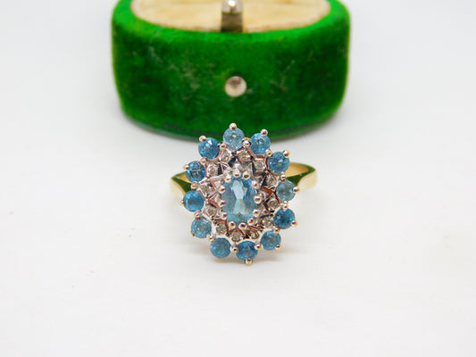 9ct Yellow Gold Blue Topaz & Diamond Floral Cluster Ring Vintage 1972 Birmingham