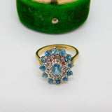 9ct Yellow Gold Blue Topaz & Diamond Floral Cluster Ring Vintage 1972 Birmingham