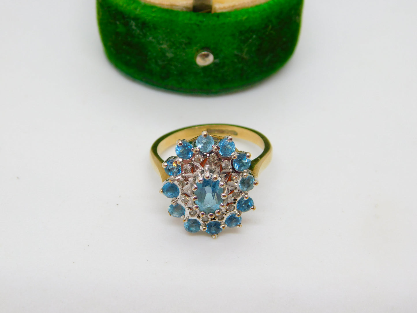 9ct Yellow Gold Blue Topaz & Diamond Floral Cluster Ring Vintage 1972 Birmingham