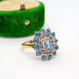 9ct Yellow Gold Blue Topaz & Diamond Floral Cluster Ring Vintage 1972 Birmingham