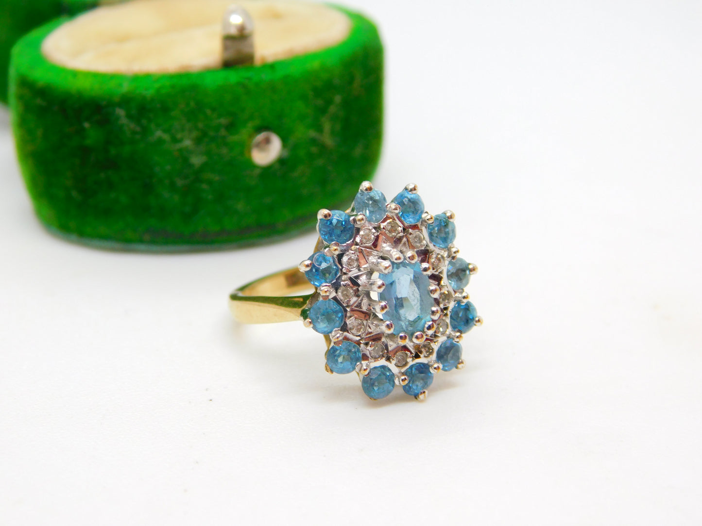 9ct Yellow Gold Blue Topaz & Diamond Floral Cluster Ring Vintage 1972 Birmingham