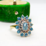 9ct Yellow Gold Blue Topaz & Diamond Floral Cluster Ring Vintage 1972 Birmingham