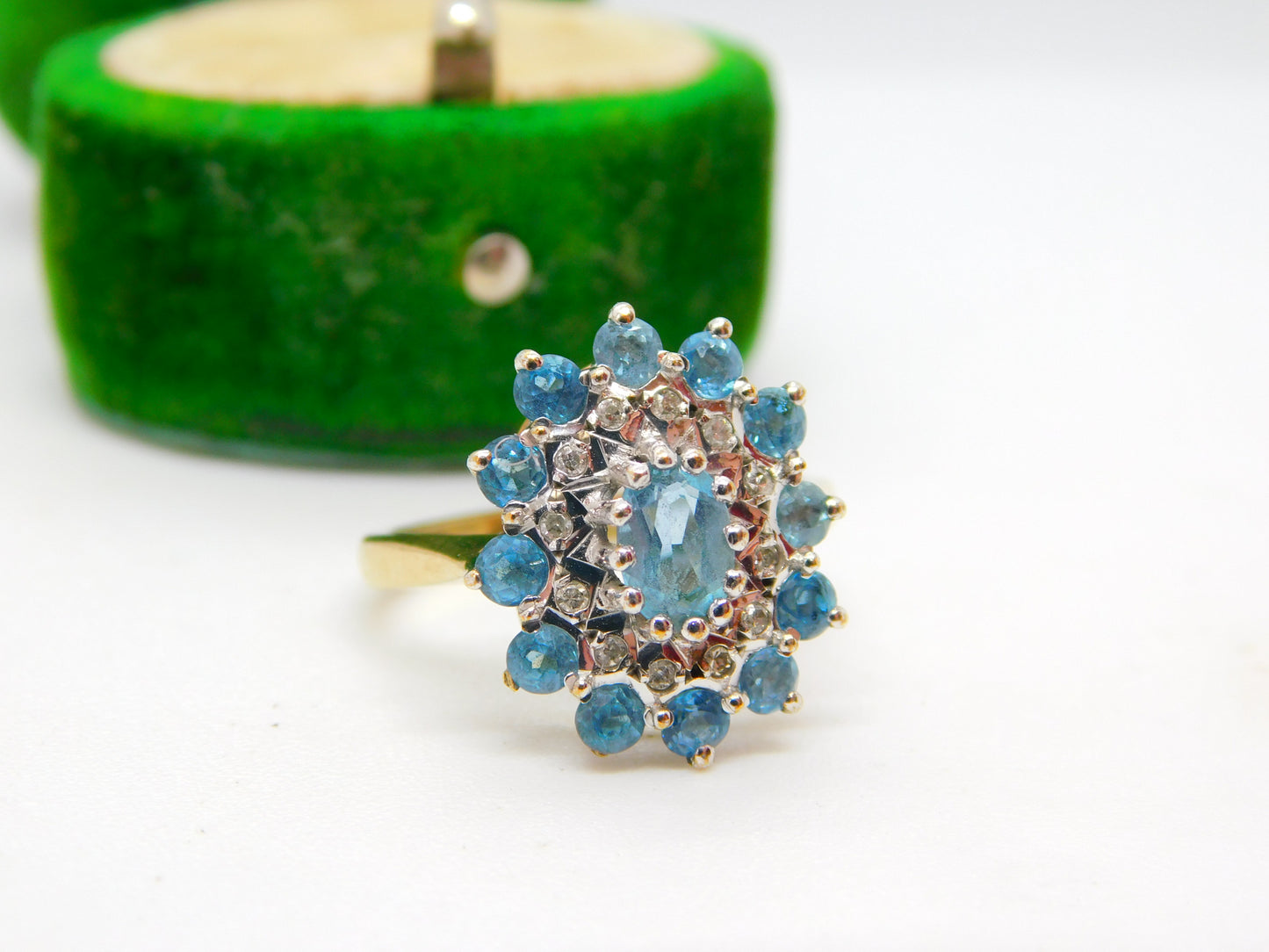 9ct Yellow Gold Blue Topaz & Diamond Floral Cluster Ring Vintage 1972 Birmingham