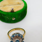 9ct Yellow Gold Blue Topaz & Diamond Floral Cluster Ring Vintage 1972 Birmingham