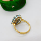 9ct Yellow Gold Blue Topaz & Diamond Floral Cluster Ring Vintage 1972 Birmingham